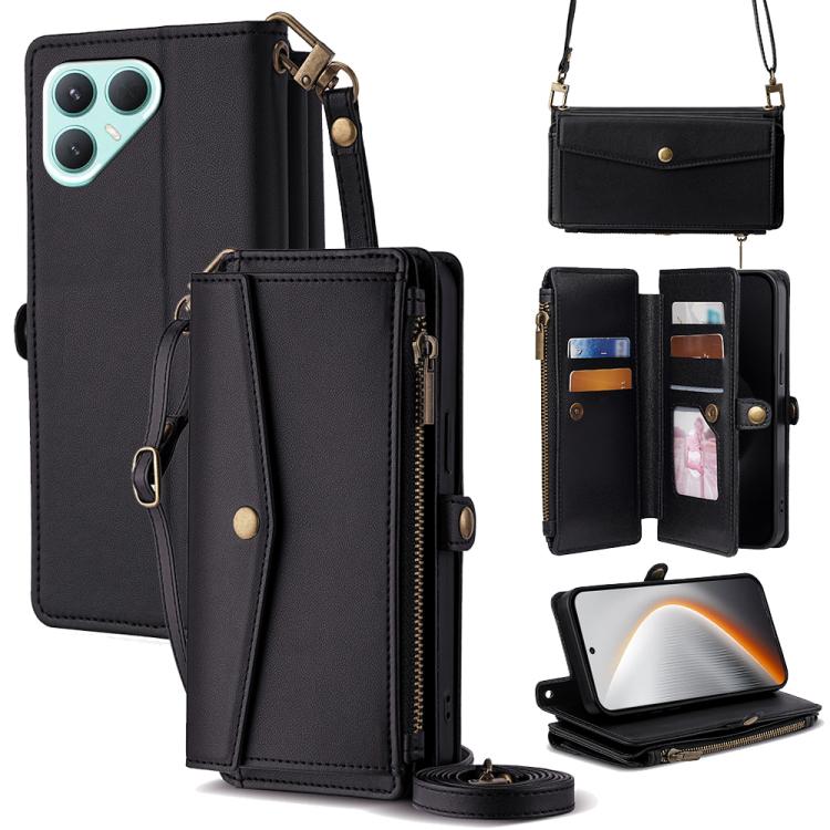 

For Tecno Pova 7 Pro Zipper Wallet Side Buckle Crossbody Lanyard Leather Phone Case(Black)