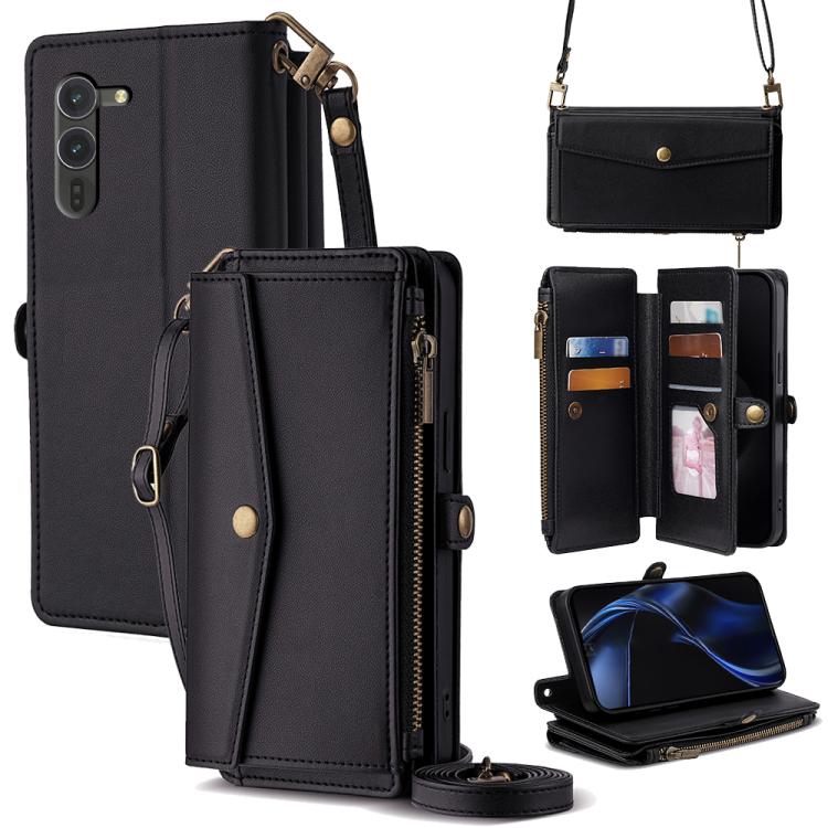 

For Fujitsu Arrows Alpha F-51F Zipper Wallet Side Buckle Crossbody Lanyard Leather Phone Case(Black)
