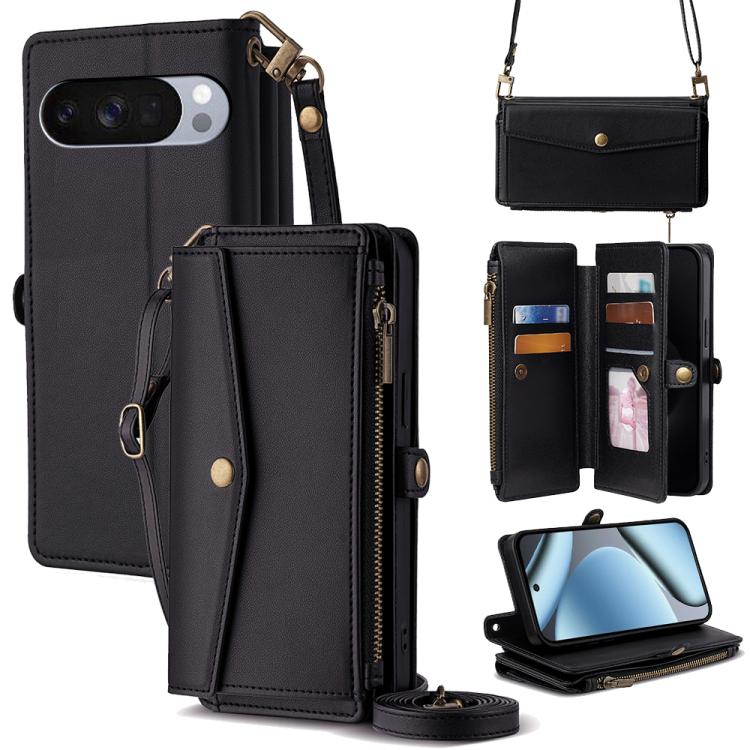 

For Google Pixel 10 Pro XL Zipper Wallet Side Buckle Crossbody Lanyard Leather Phone Case(Black)