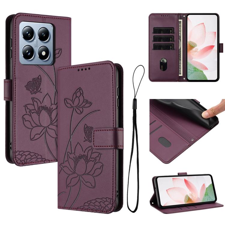 

For Xiaomi 14T Pro Lotus Embossed Leather Phone Case with Lanyard(Wine Red)