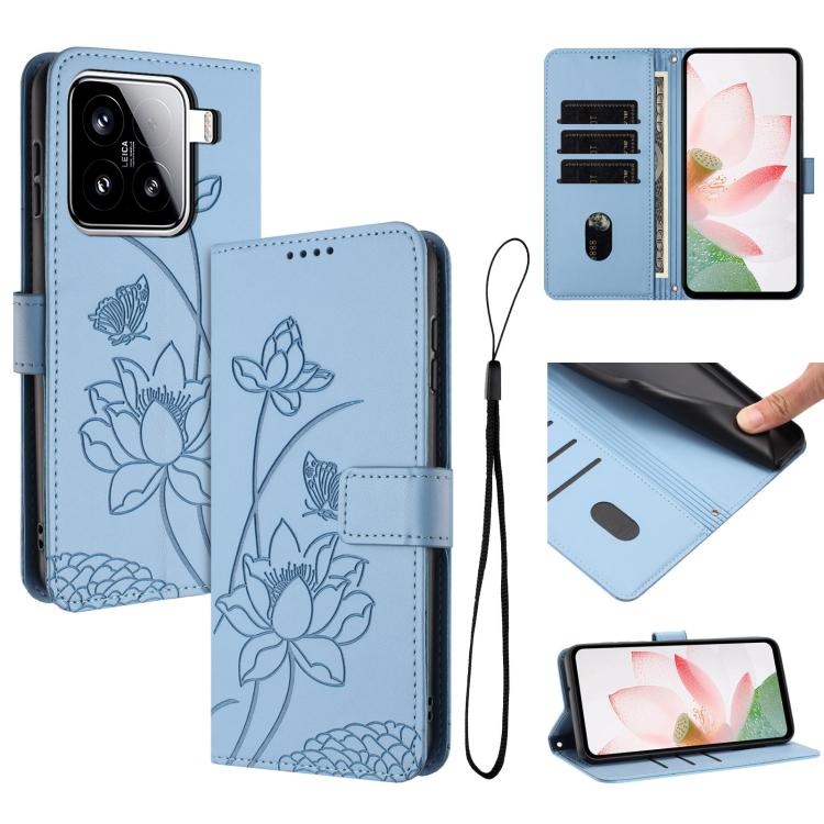 

For Xiaomi 15 Lotus Embossed Leather Phone Case with Lanyard(Blue)