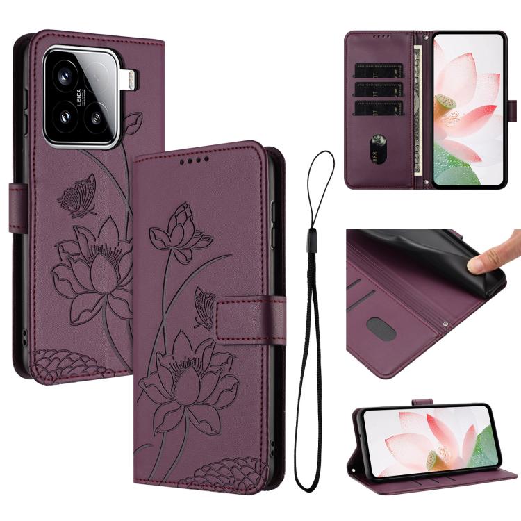 

For Xiaomi 15 Lotus Embossed Leather Phone Case with Lanyard(Wine Red)