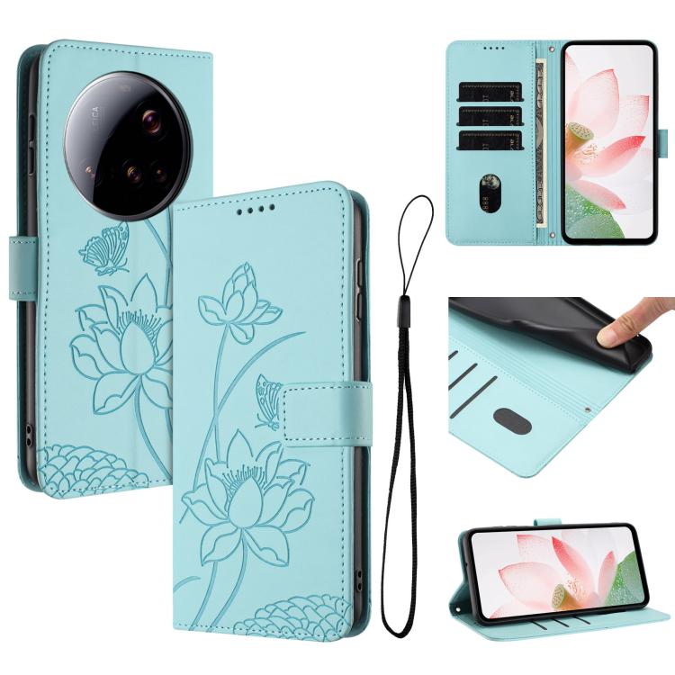 

For Xiaomi 15 Ultra Lotus Embossed Leather Phone Case with Lanyard(Green)