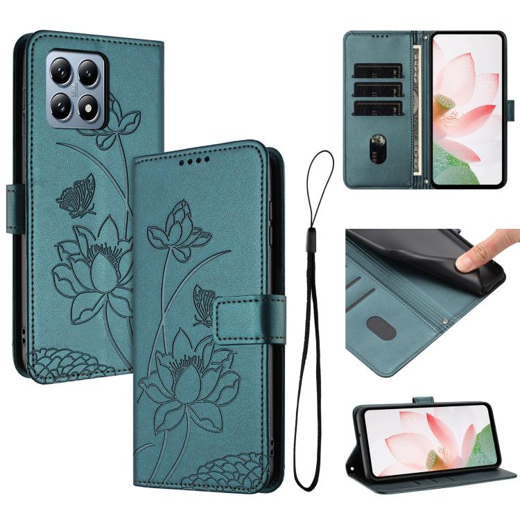 For Xiaomi 15T Lotus Embossed Leather Phone Case with Lanyard(Dark Green)