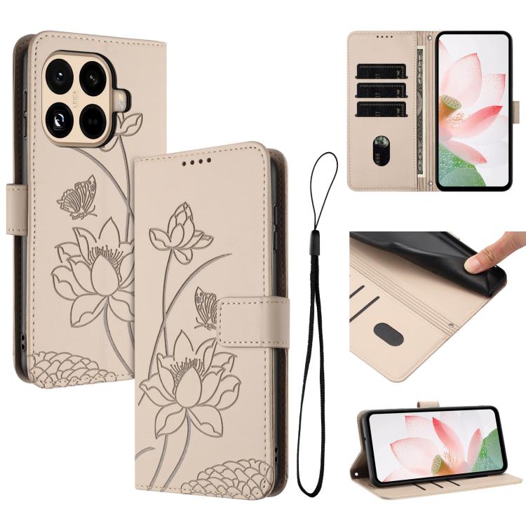 

For Xiaomi 15T Pro Lotus Embossed Leather Phone Case with Lanyard(Beige)