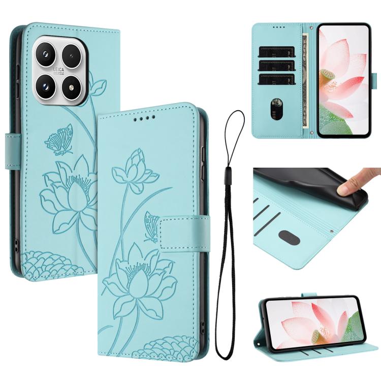 

For Xiaomi 17 Lotus Embossed Leather Phone Case with Lanyard(Green)