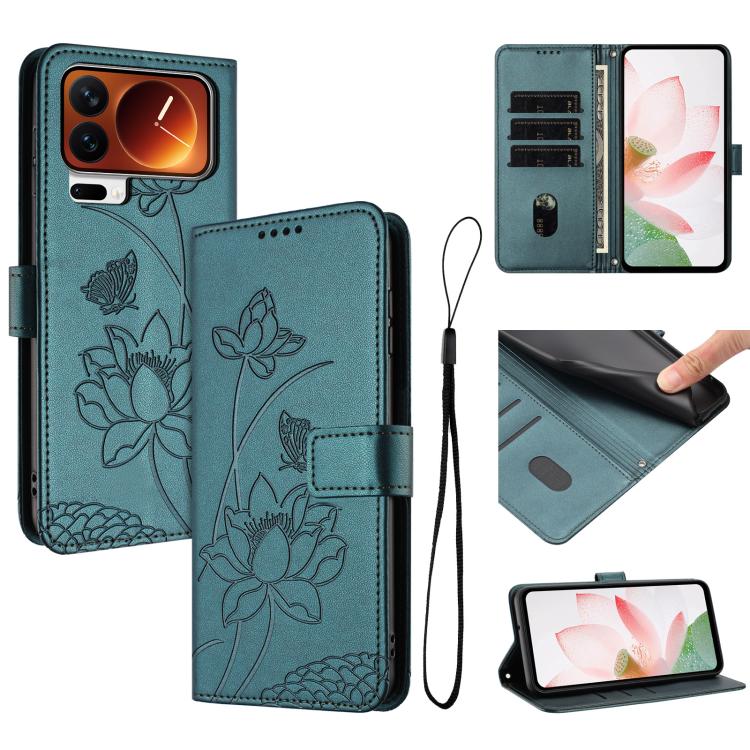 

For Xiaomi 17 Pro Lotus Embossed Leather Phone Case with Lanyard(Dark Green)