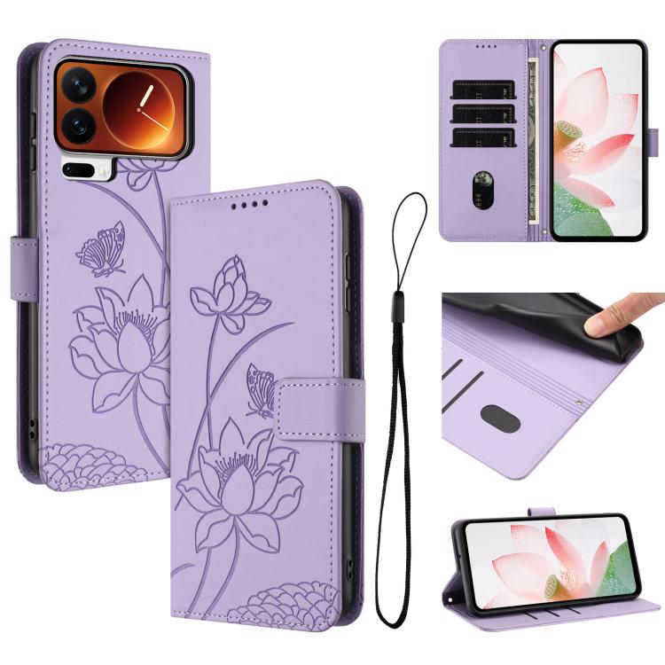 

For Xiaomi 17 Pro Max Lotus Embossed Leather Phone Case with Lanyard(Purple)