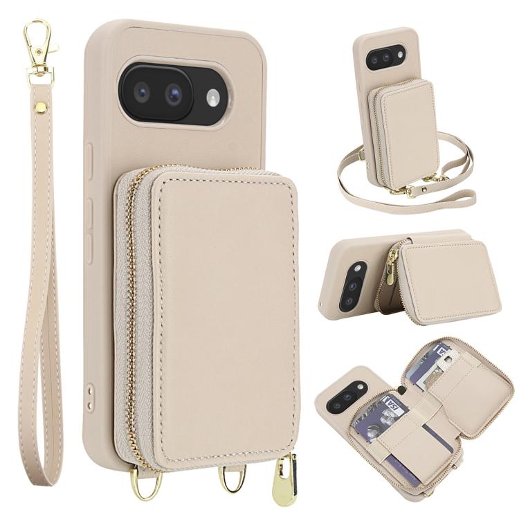 

For Google Pixel 9a Crossbody Zipper RFID Card Bag Phone Case(Apricot)
