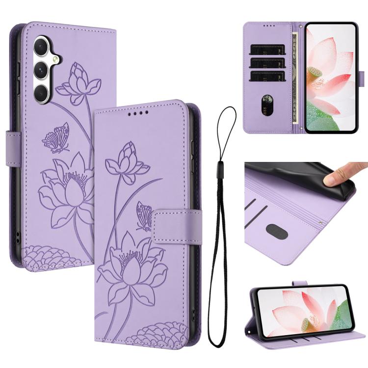 

For Samsung Galaxy A17 / A26 / A16 Lotus Embossed Leather Phone Case with Lanyard(Purple)