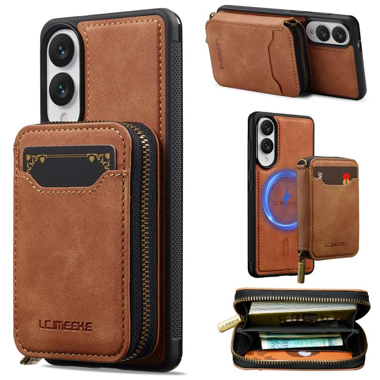 For Samsung Galaxy S25 Edge 5G LC.IMEEKE L6 Series Zipper Card Bag MagSafe Magnetic Phone Case(Brown)