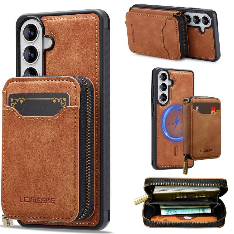 For Samsung Galaxy S26 5G LC.IMEEKE L6 Series Zipper Card Bag MagSafe Magnetic Phone Case(Brown)