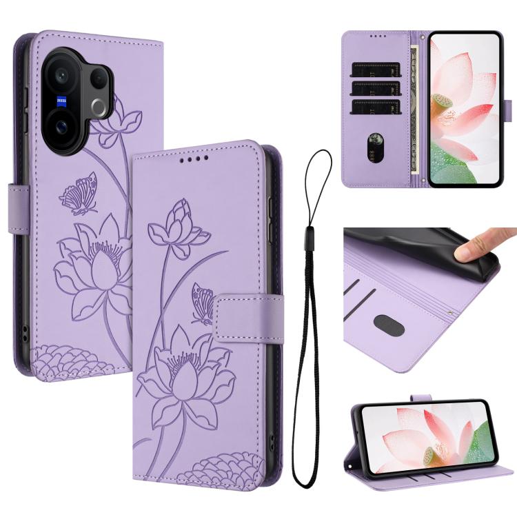 

For vivo X200 FE / S30 Pro mini Lotus Embossed Leather Phone Case with Lanyard(Purple)