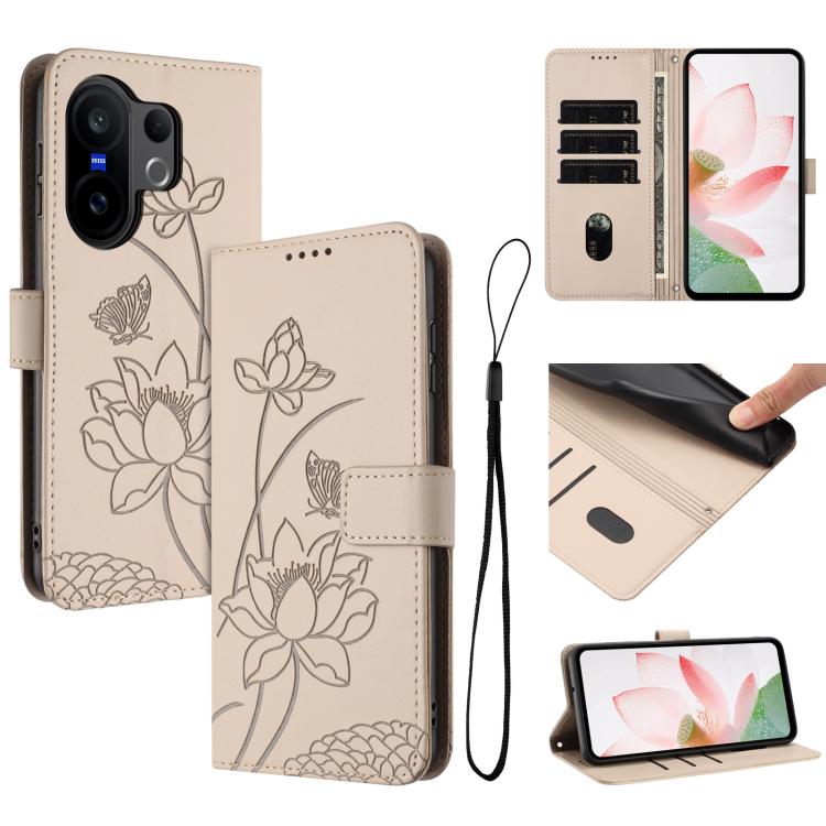 

For vivo X200 FE / S30 Pro mini Lotus Embossed Leather Phone Case with Lanyard(Beige)