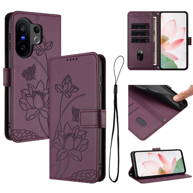 

For vivo X200 FE / S30 Pro mini Lotus Embossed Leather Phone Case with Lanyard(Wine Red)