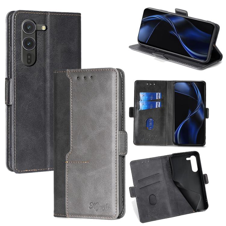 

For Fujitsu Arrows Alpha F-51F Contrast Color Side Buckle Leather Phone Case(Black + Grey)