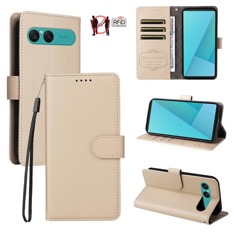 

For Sony Xperia 10 VII Litchi Texture RFID Blocking 3-Card Wallet Leather Phone Case(Beige)