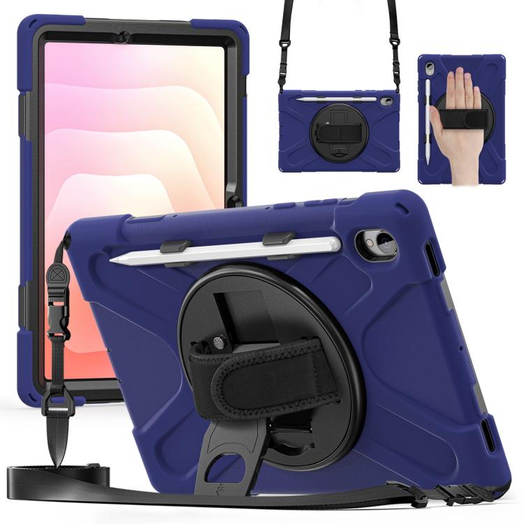 

For Samsung Galaxy Tab S11 2025 Rotatable Holder Silicone Hybrid PC Tablet Case with Shoulder Strap(Navy Blue)