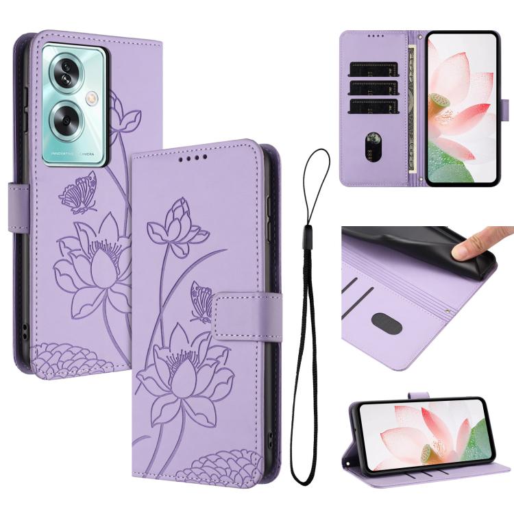 

For OPPO A79 5G Global / OnePlus Nord N30 SE Lotus Embossed Leather Phone Case with Lanyard(Purple)