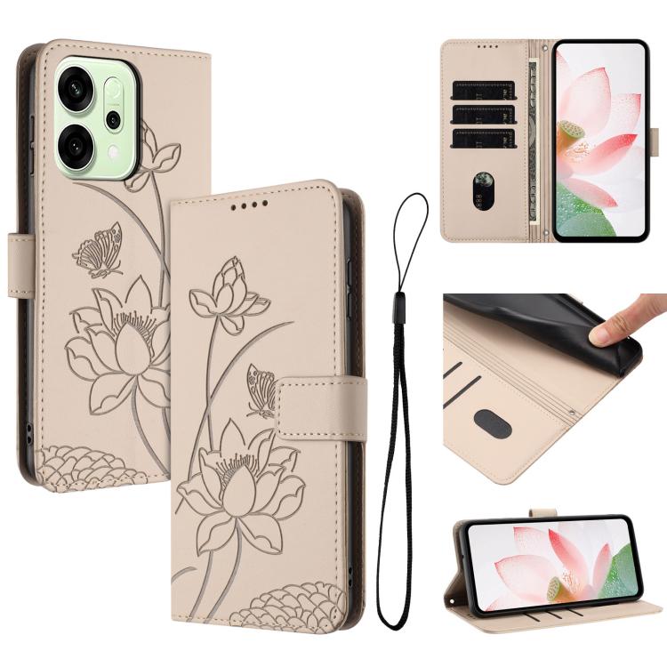 

For OPPO Reno14 / Reno14 F 5G Global Lotus Embossed Leather Phone Case with Lanyard(Beige)