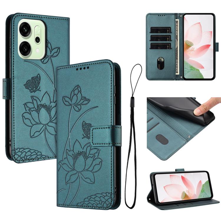 

For OPPO Reno14 / Reno14 F 5G Global Lotus Embossed Leather Phone Case with Lanyard(Dark Green)