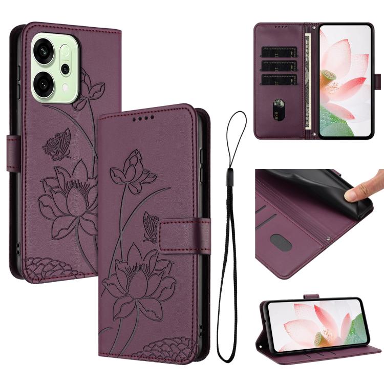 

For OPPO Reno14 Pro 5G Global Lotus Embossed Leather Phone Case with Lanyard(Wine Red)