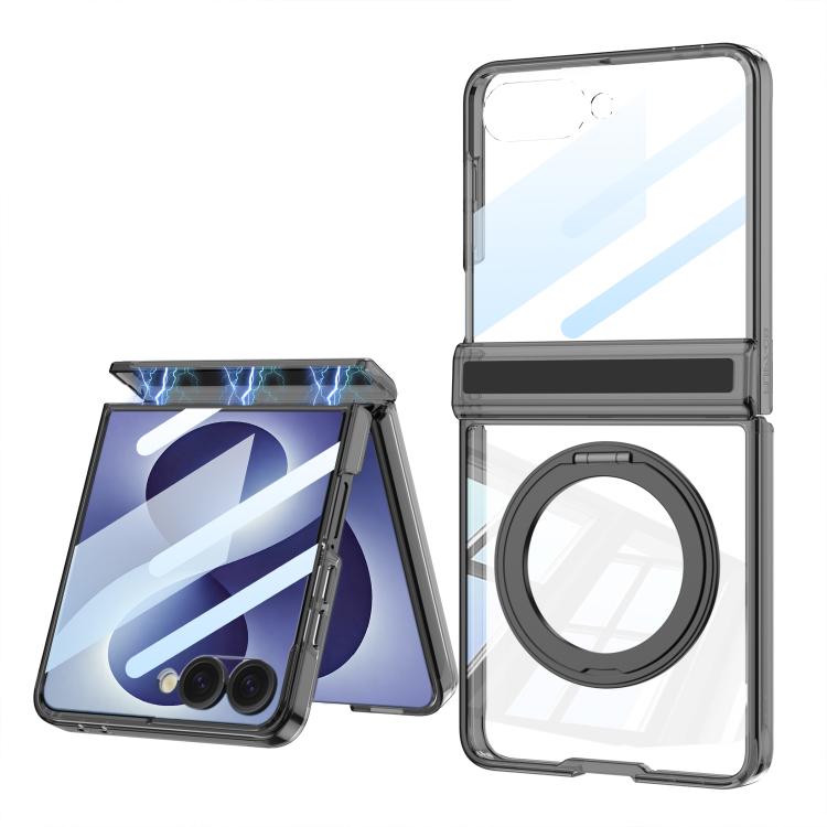 For Galaxy Z Flip8 5G GKK Integrated MagSafe Magnetic Hinge Folding Airbag Phone Case with Rotating Holder(Transparent Black)