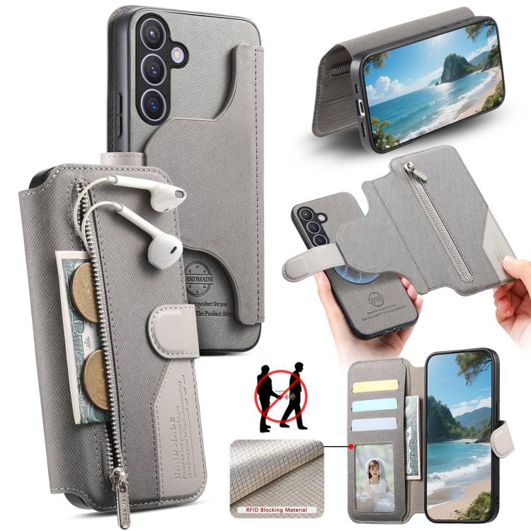 For Galaxy S24 FE 5G Twill Fabric MagSafe RFID Anti-theft Zipper Wallet Leather Phone Case(Grey)