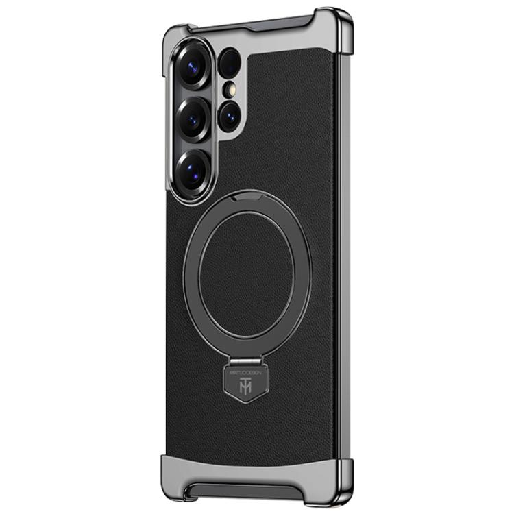 

For Samsung Galaxy S25 Ultra 5G Borderless MagSafe Ring Holder Plain Leather Phone Case(Black)