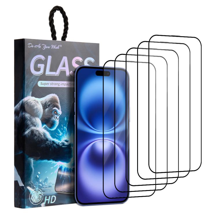 

For iPhone 16 5pcs / Pack Do As You Wish Silk Screen Printed HD Tempered Glass Film(Black)