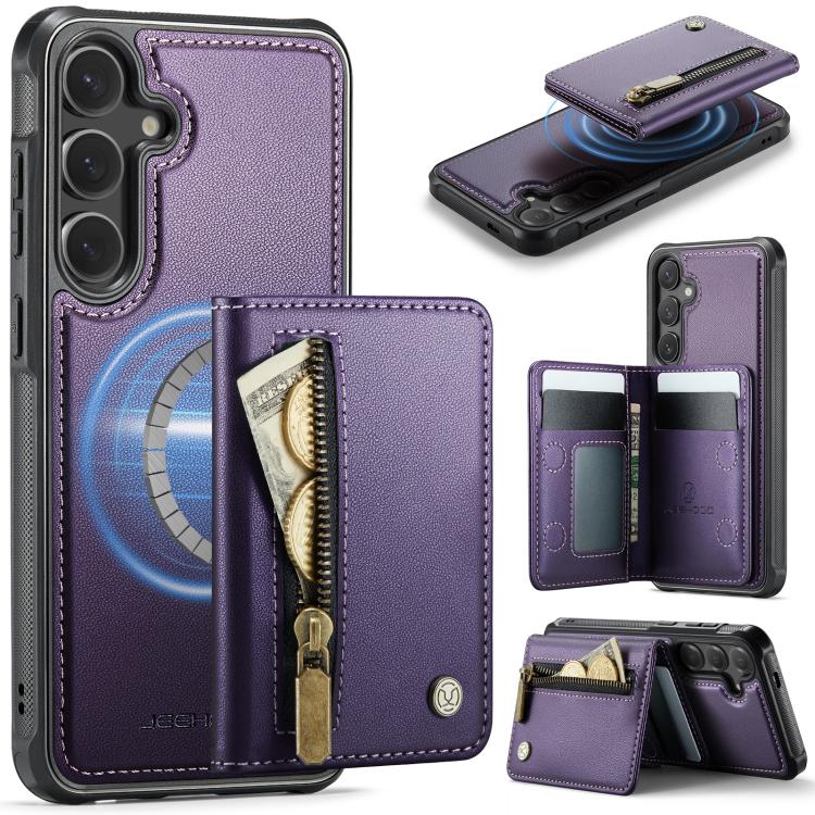 

For Samsung Galaxy S25 FE 5G JEEHOOD J12 Exquisite RFID MagSafe Zipper Card Bag Phone Case(Purple)