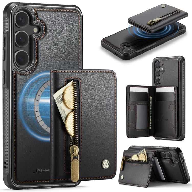 For Samsung Galaxy S25+ 5G JEEHOOD J12 Exquisite RFID MagSafe Zipper Card Bag Phone Case(Black)