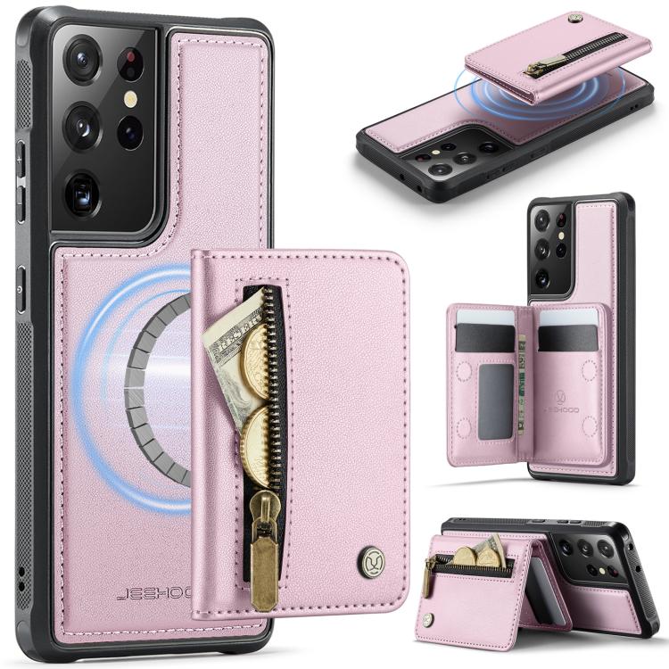 For Samsung Galaxy S21 Ultra 5G JEEHOOD J12 Exquisite RFID MagSafe Zipper Card Bag Phone Case(Pink)