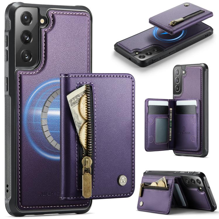 

For Samsung Galaxy S22+ 5G JEEHOOD J12 Exquisite RFID MagSafe Zipper Card Bag Phone Case(Purple)