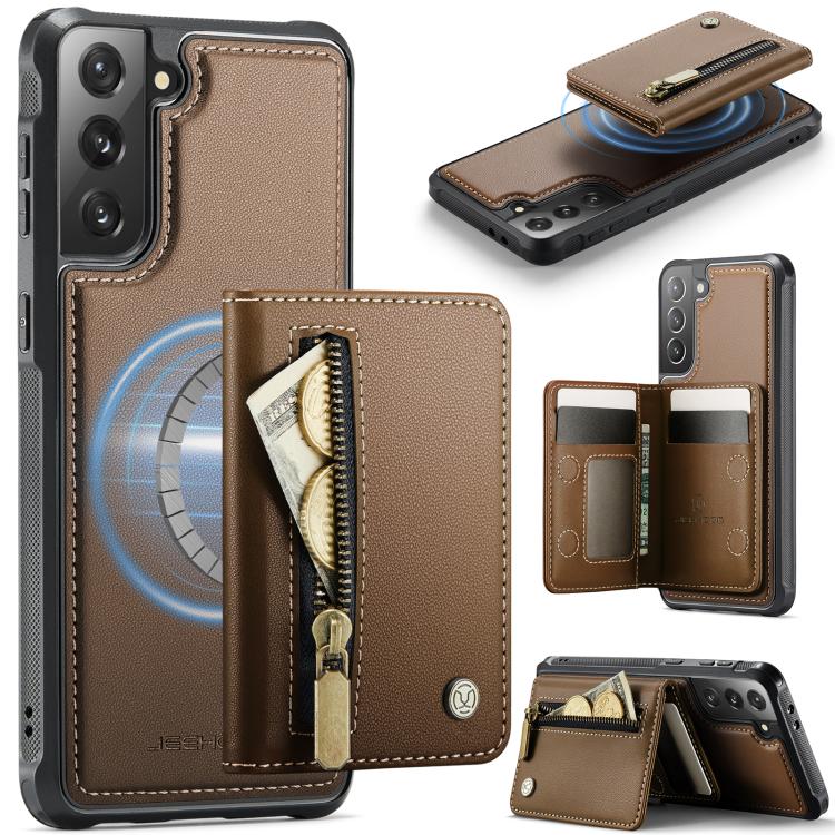 For Samsung Galaxy S21 5G JEEHOOD J12 Exquisite RFID MagSafe Zipper Card Bag Phone Case(Brown)
