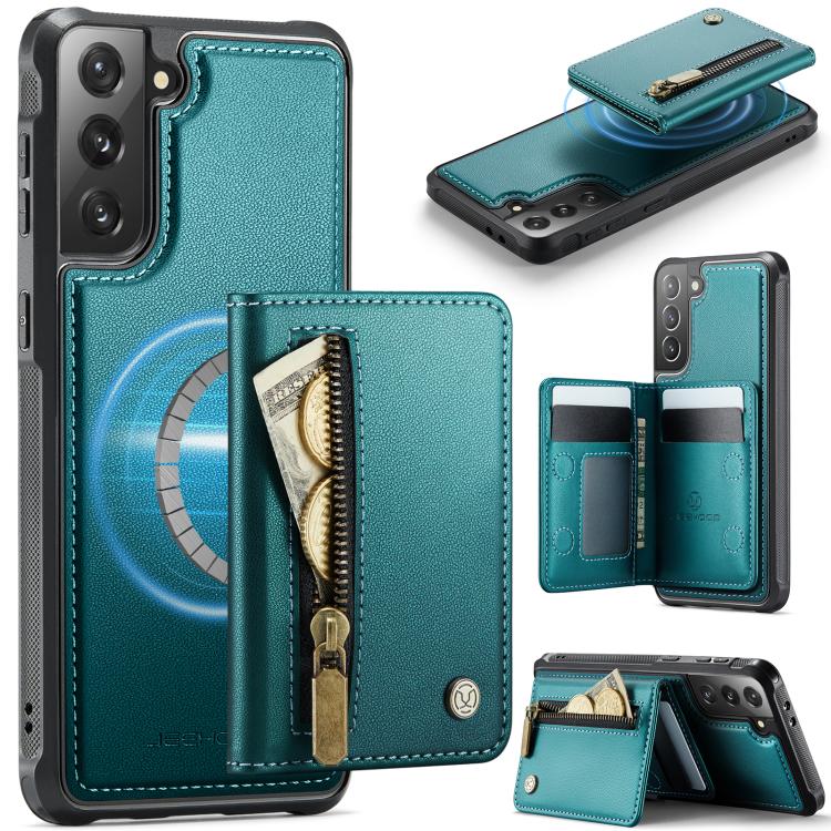 For Samsung Galaxy S21+ 5G JEEHOOD J12 Exquisite RFID MagSafe Zipper Card Bag Phone Case(Green)