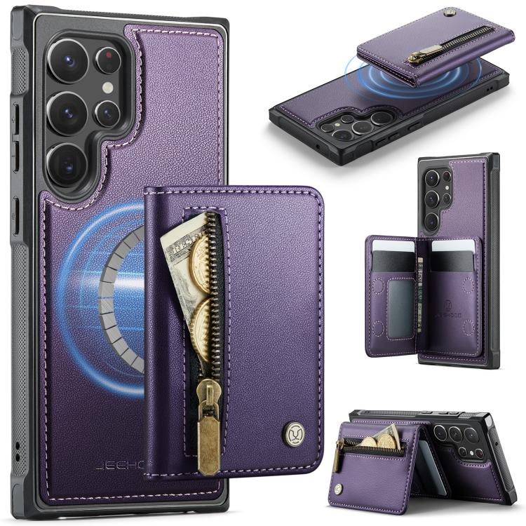 For Samsung Galaxy S22 Ultra 5G JEEHOOD J12 Exquisite RFID MagSafe Zipper Card Bag Phone Case(Purple)