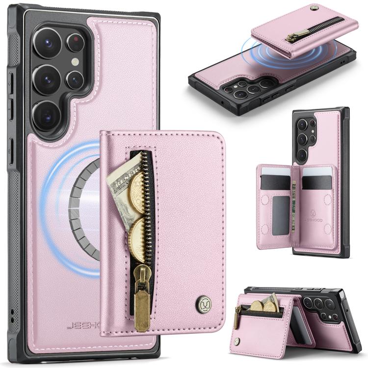

For Samsung Galaxy S22 Ultra 5G JEEHOOD J12 Exquisite RFID MagSafe Zipper Card Bag Phone Case(Pink)