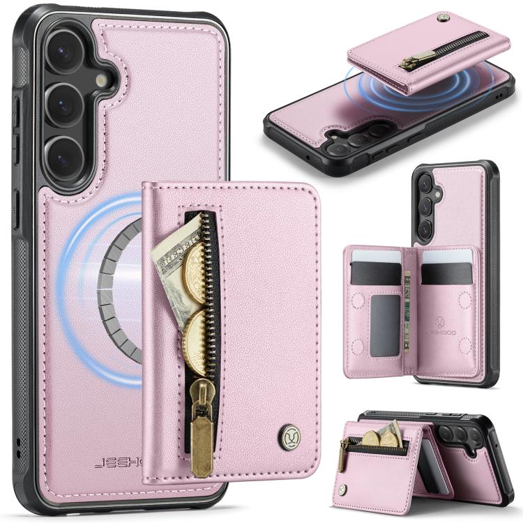 

For Samsung Galaxy S23 FE 5G JEEHOOD J12 Exquisite RFID MagSafe Zipper Card Bag Phone Case(Pink)
