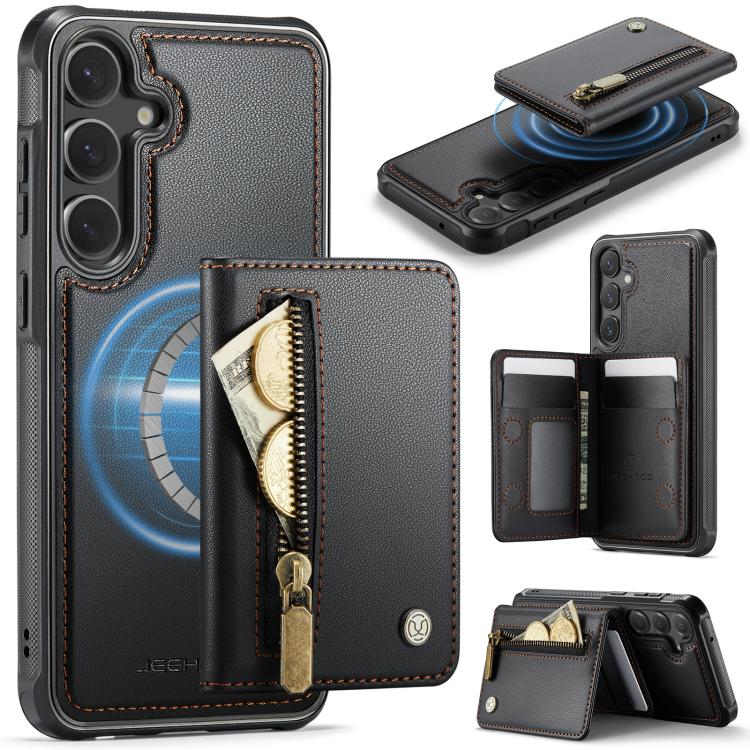 For Samsung Galaxy S23 FE 5G JEEHOOD J12 Exquisite RFID MagSafe Zipper Card Bag Phone Case(Black)