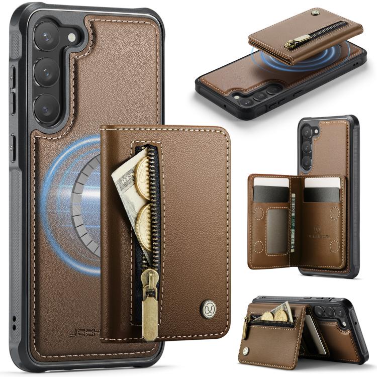 For Samsung Galaxy S23 5G JEEHOOD J12 Exquisite RFID MagSafe Zipper Card Bag Phone Case(Brown)
