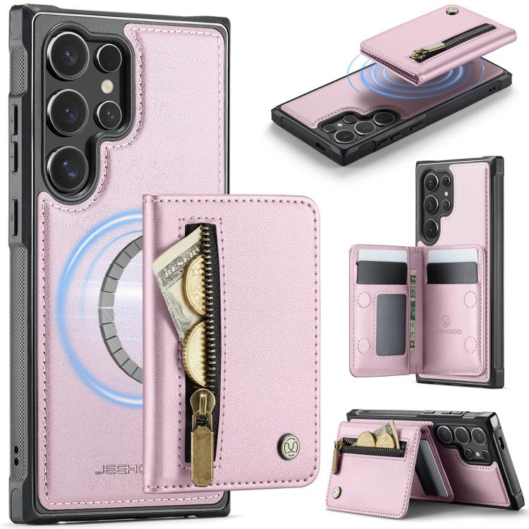 

For Samsung Galaxy S25 Ultra 5G JEEHOOD J12 Exquisite RFID MagSafe Zipper Card Bag Phone Case(Pink)