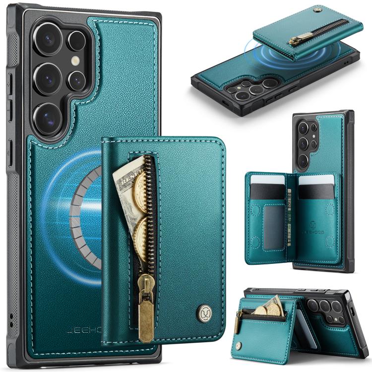 For Samsung Galaxy S25 Ultra 5G JEEHOOD J12 Exquisite RFID MagSafe Zipper Card Bag Phone Case(Green)