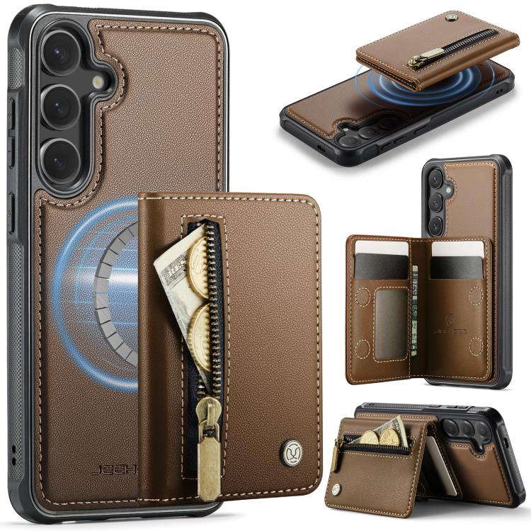 For Samsung Galaxy S26+ 5G JEEHOOD J12 Exquisite RFID MagSafe Zipper Card Bag Phone Case(Brown)