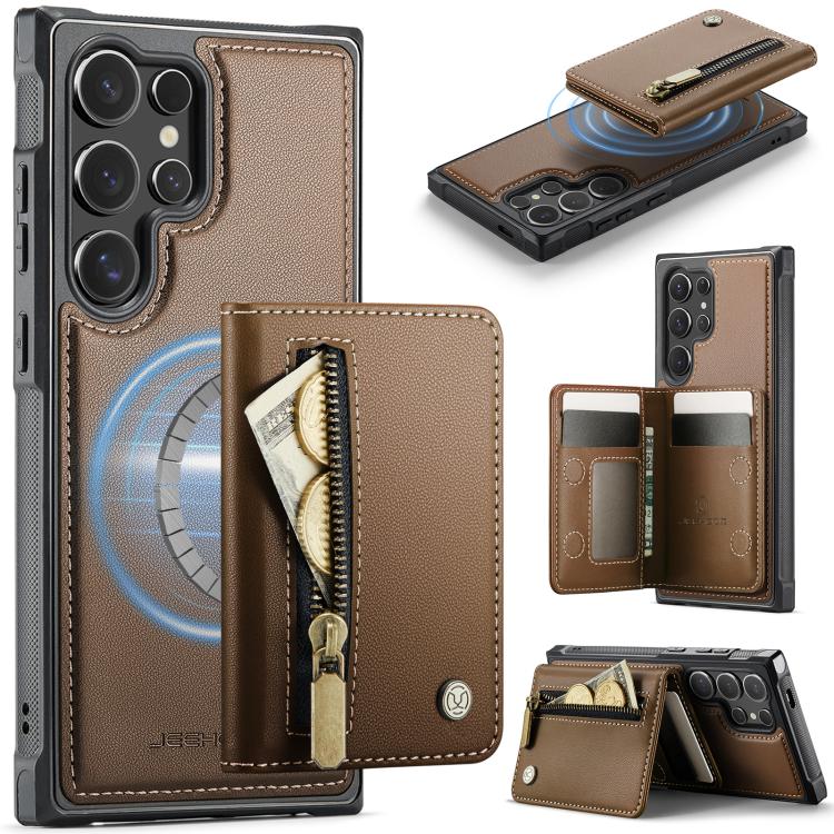 For Samsung Galaxy S26 Ultra 5G JEEHOOD J12 Exquisite RFID MagSafe Zipper Card Bag Phone Case(Brown)
