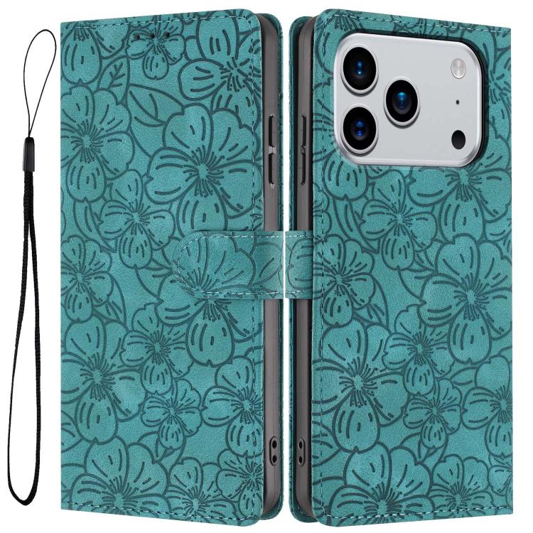 

For iPhone 17 Pro Max Cherry Blossoms Embossed Leather Phone Case(Green)