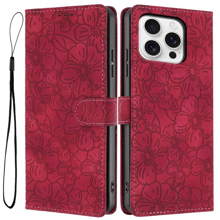 

For iPhone 16 Pro Max Cherry Blossoms Embossed Leather Phone Case(Red)