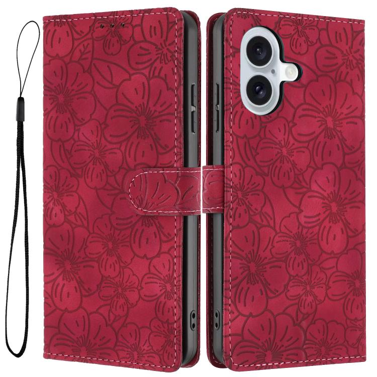 

For iPhone 16 Cherry Blossoms Embossed Leather Phone Case(Red)