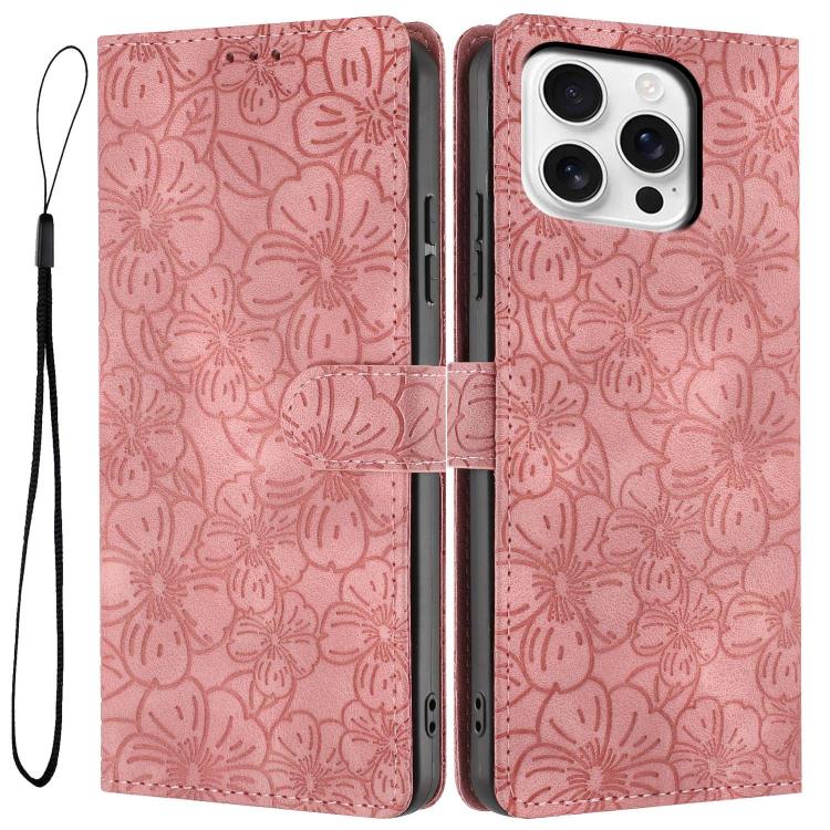 

For iPhone 15 Pro Max Cherry Blossoms Embossed Leather Phone Case(Pink)