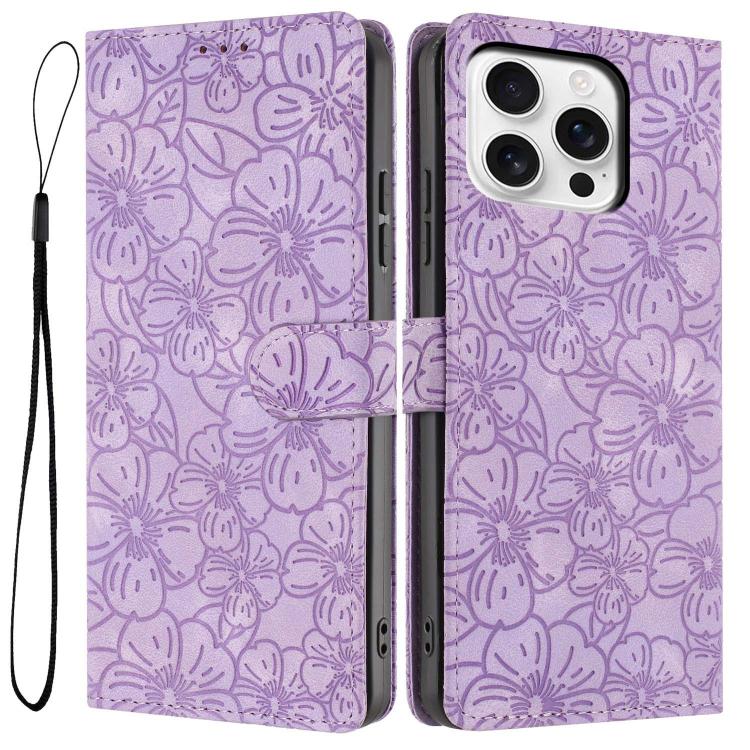 

For iPhone 15 Pro Cherry Blossoms Embossed Leather Phone Case(Purple)